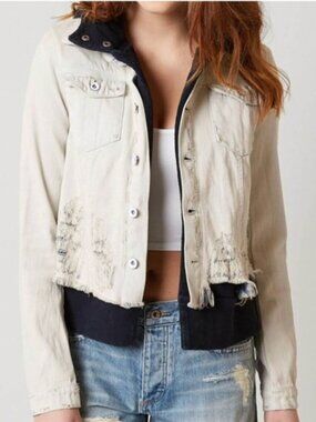 Light Cream Distressed Women's Jacket with Hooded Trim